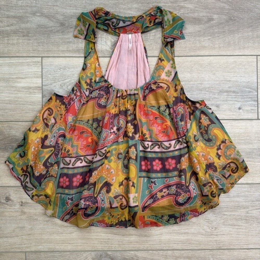 Free People Paisley Tie-Back Halter Tank in Mustard, Teal & Pink
